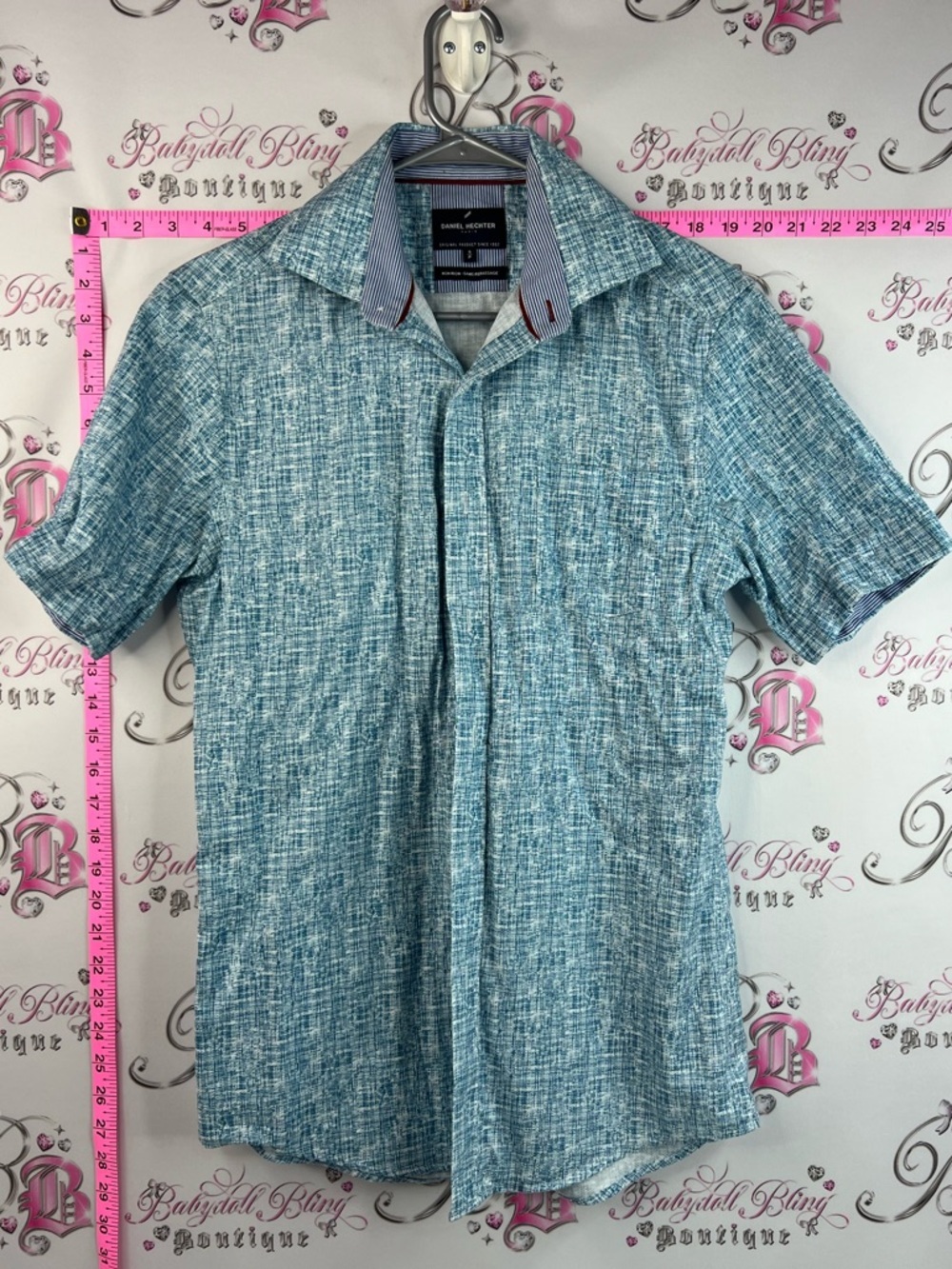 Daniel Hechter shirt non iron Teal-Blue Textured Short Sleeve Button-Down Shirt